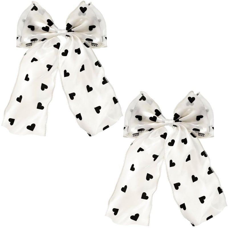 STSTR 2Pcs Large Hair Bow Clips, Silk Yarn Ribbon Bow Hair Barrette for Women, Elegant Long Tail Bowknot French Hair Accessories for Wedding, Parties, Festivals (White Bow Black Heart) - Image 1